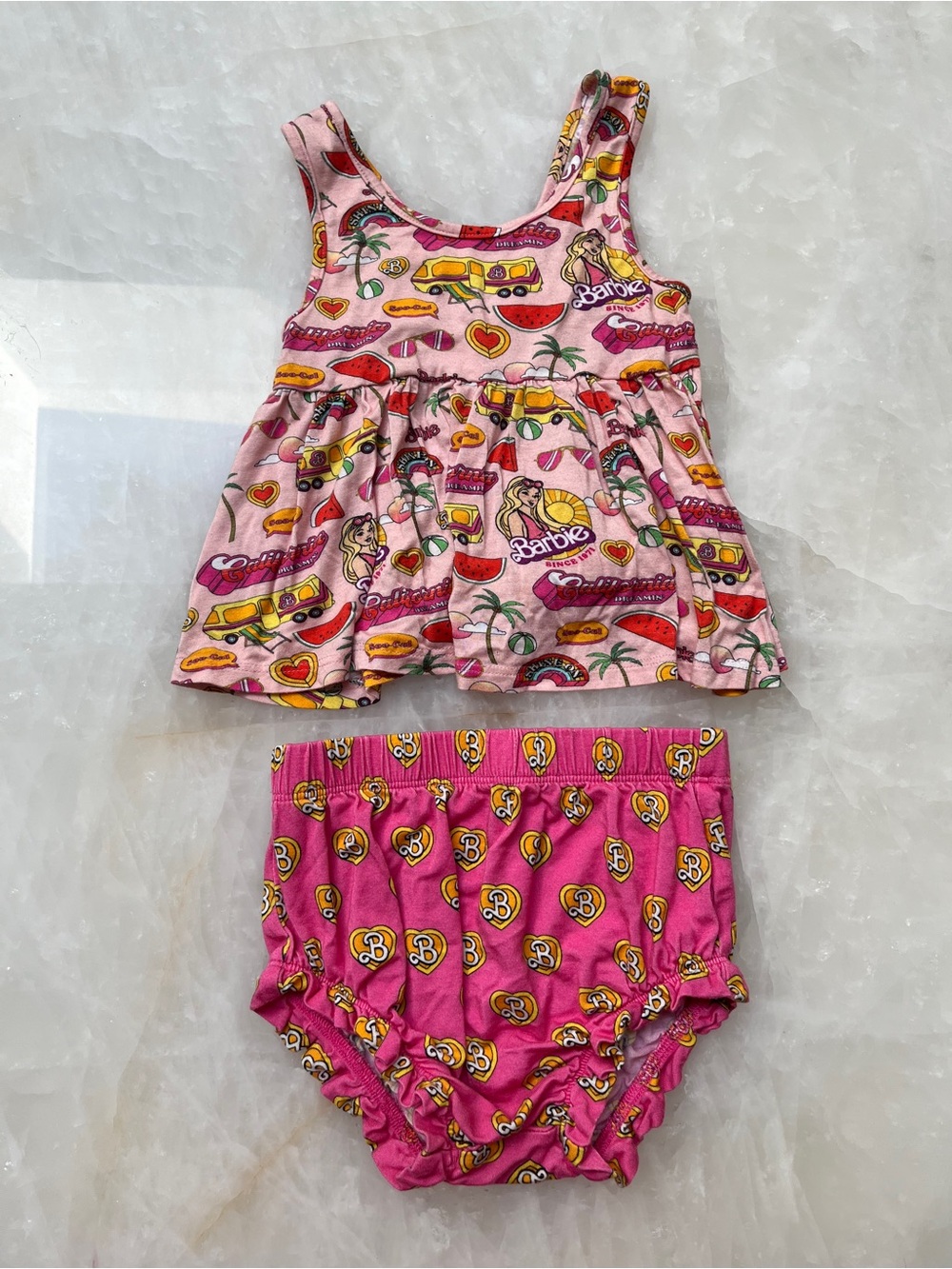 Posh Peanut Barbie Pink Pattern tank top with matching Barbie Romper